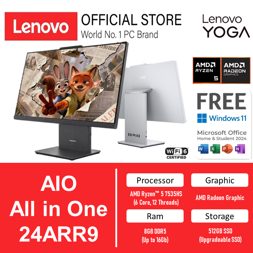 Lenovo PC AIO All in One IdeaCentre 24ARR9 AMD Ryzen 5 7535HS Ram 8GB 512GB Windows 11 Home + OFFICE 23.8 INCH FHD IPS
