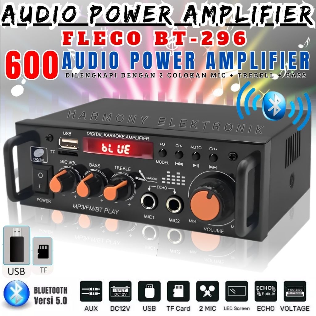 Jual Power Amplifier Karaoke Fleco BT-296 Penguat Audio 600W Suara ...