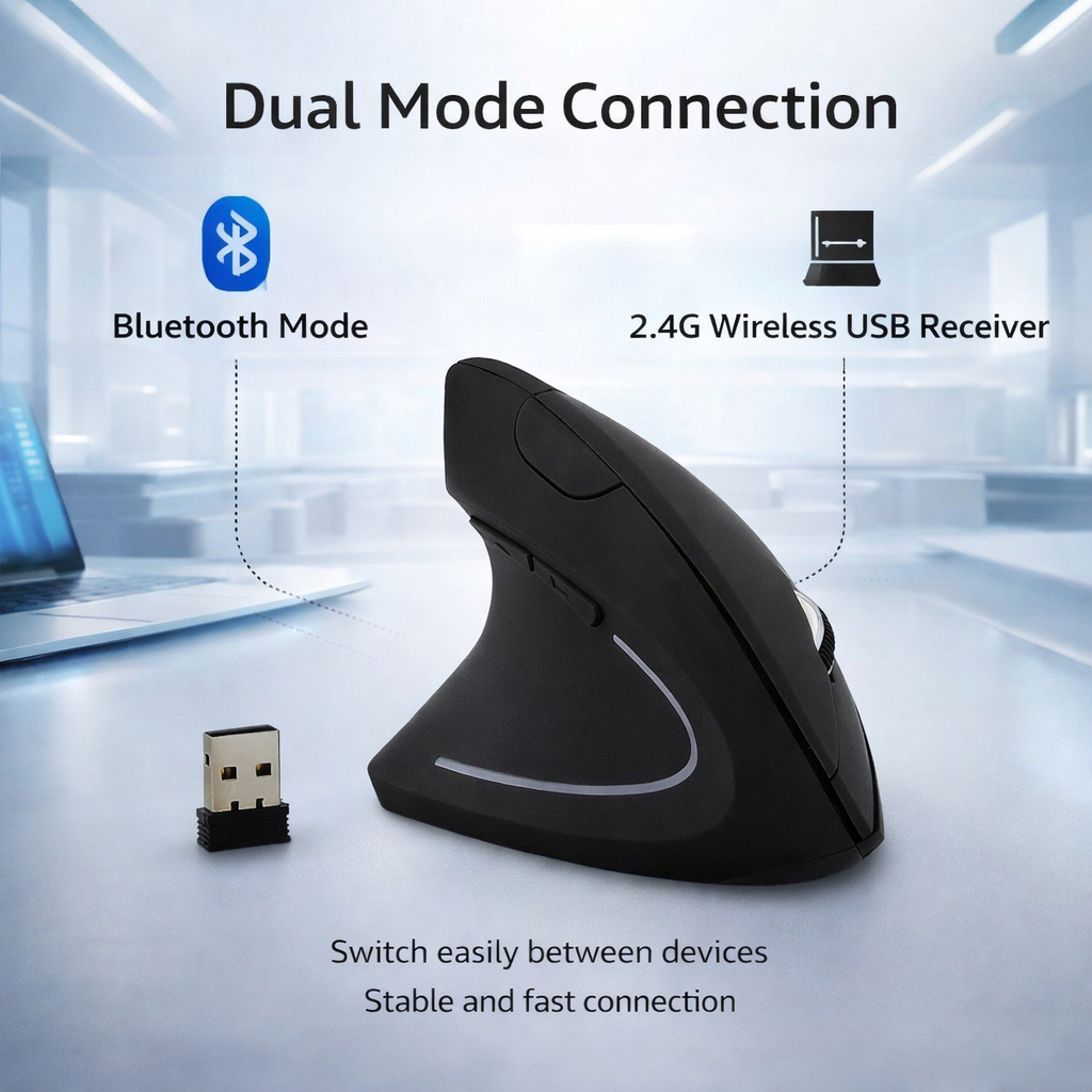 Jual Wireless Mouse Vertical Ergonomic M7043 Dual Connection | Silent ...