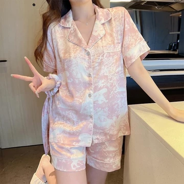 Set Piyama Lengan Pendek Wanita Satin Tie Dye Gaya Korea Kelas Atas