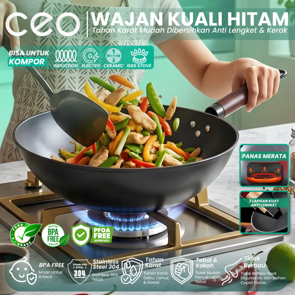 CEO Wajan Gagang Kayu Kuali Penggorengan Baja Stainless 32 Cm Coated Hitam Alat Masak Anti Lengket
