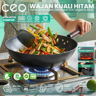 CEO Wajan Gagang Kayu Kuali Penggorengan Baja Stainless 32 Cm Coated Hitam Alat Masak Anti Lengket