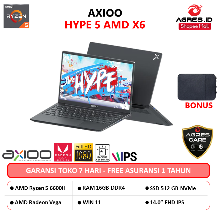 Jual Laptop Axioo Hype 5 X6 AMD Ryzen 5-6600H RAM 16GB SSD 512GB 