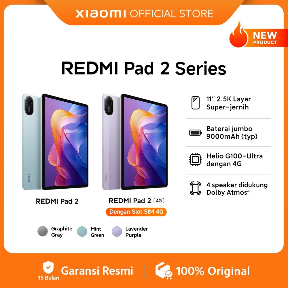 Xiaomi Redmi Pad 2 Series tiga warna: Graphite Gray, Mint Green, Lavender Purple