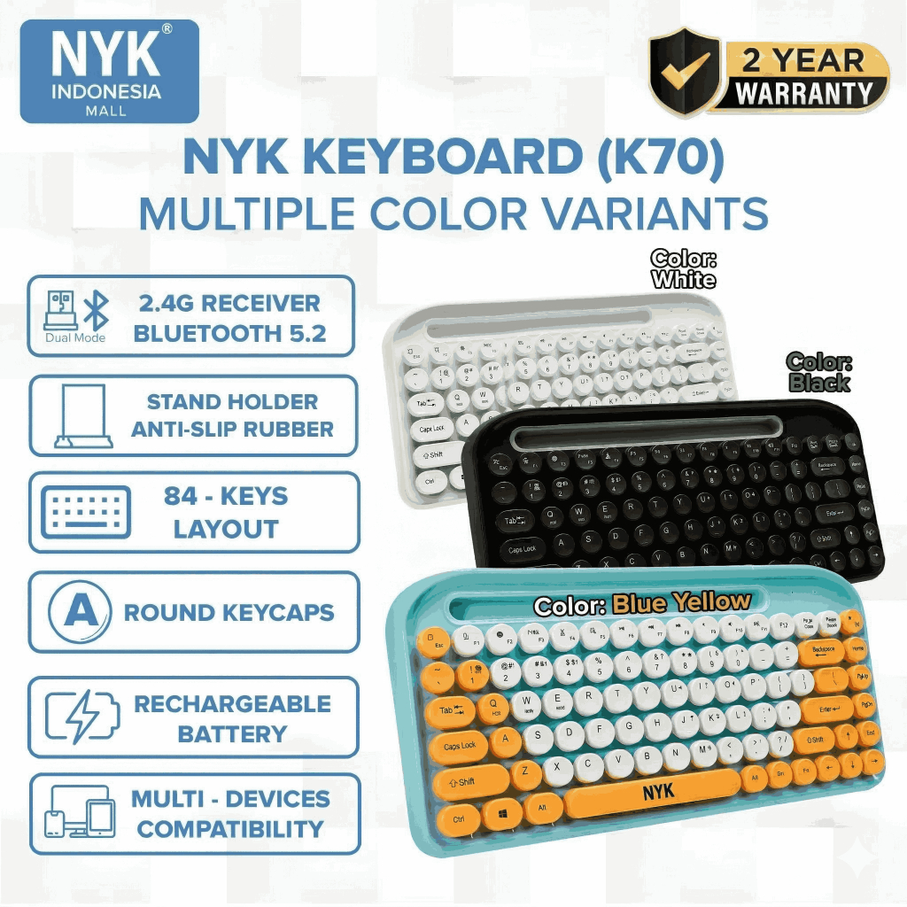 Jual NYK Keyboard K70 Wireless Bluetooth Keycaps Round Stand Holder COD ...