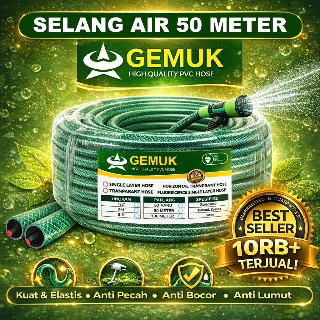 GEMUK Paket Selang Air 50 Meter PVC Selang Anti Lumut Serat Benang + Semprotan Air Selang Cuci Motor Cuci Mobi Siram Tanaman