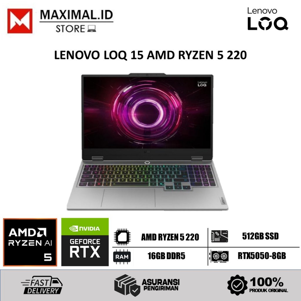 Jual Laptop Lenovo LOQ 15 Amd Ryzen 5 220 ram 16GB DDR5 512GB RTX5050 ...