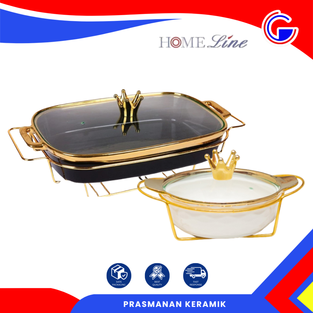 Home Line Prasmanan Keramik Dengan Rak Gold & Tutup Kaca | Set Wadah Sajian Mewah Lebaran Handle Mahkota [peti]