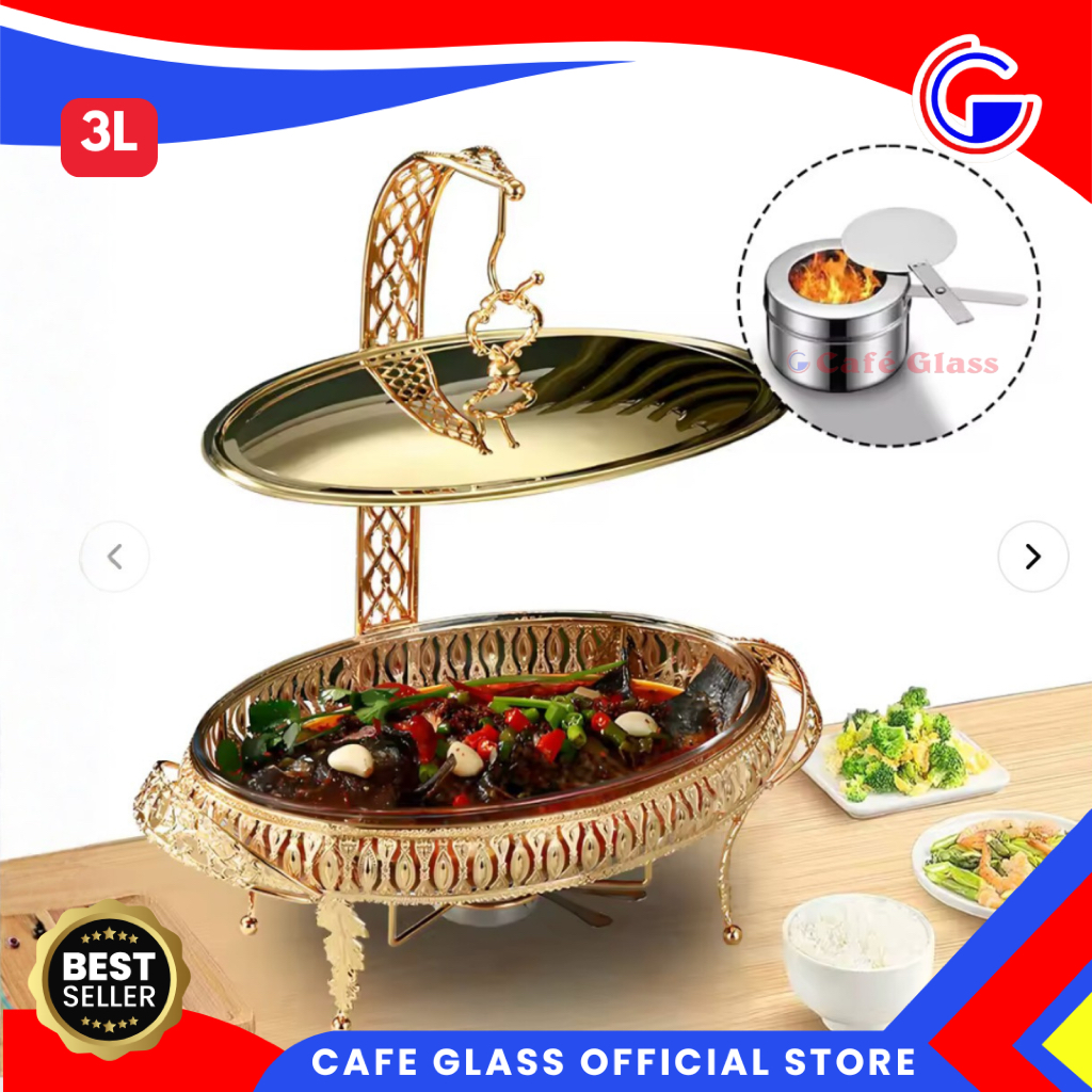 Prasmanan Set Stainless Mangkok Kaca 3L Rak Besi Gold - Wadah Saji Dengan Tutup Gantung - Chafing Dish Hotel Catering [peti]