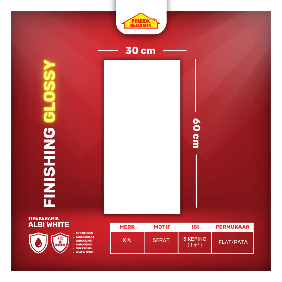 Keramik Dinding 30x60 Albi White Warna Putih Polos Glossy