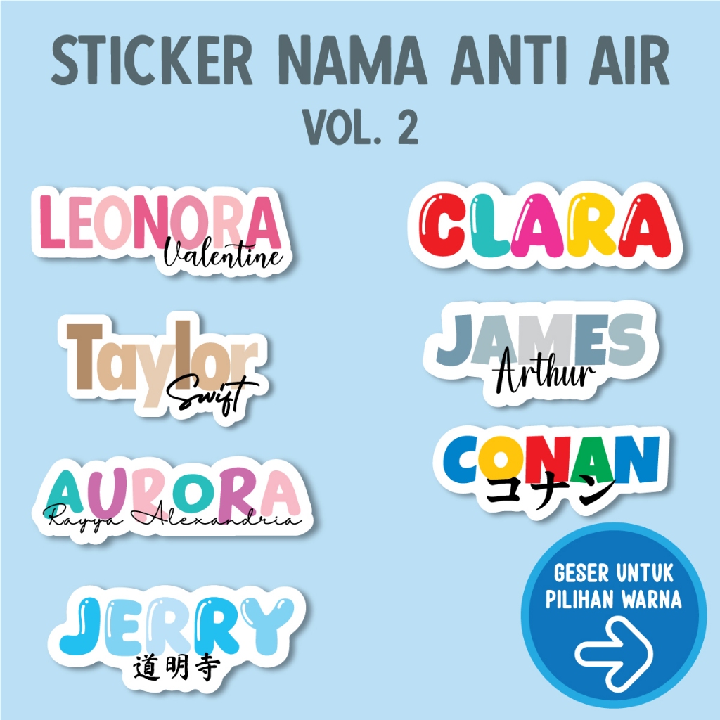 Jual Vol 2. Sticker Nama Warna Warni Custom Waterproof Rainbow Stiker ...