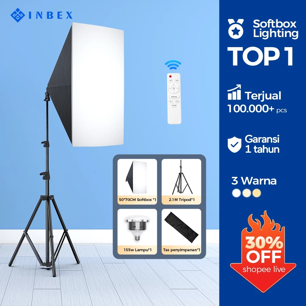 [NO.1]INBEX Softbox Kit Lighting Konten Kreator Ring light Lampu Studio vlog Live Streaming Video 3 Warna 3000K 6000k 50x70cm