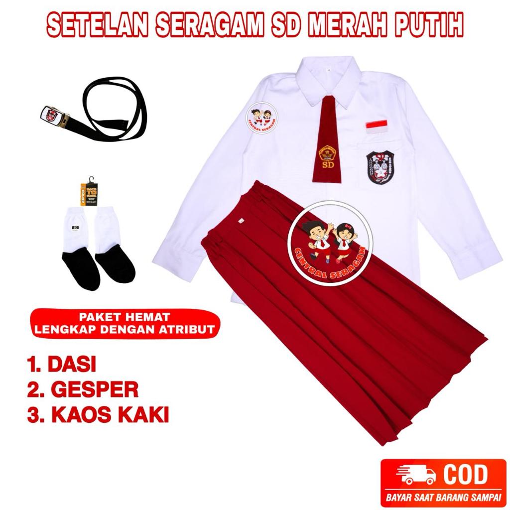 Setelan Lengkap Seragam Sekolah Sd Perempuan Cewek Merah Putih Baju Panjang Rok - foto 4