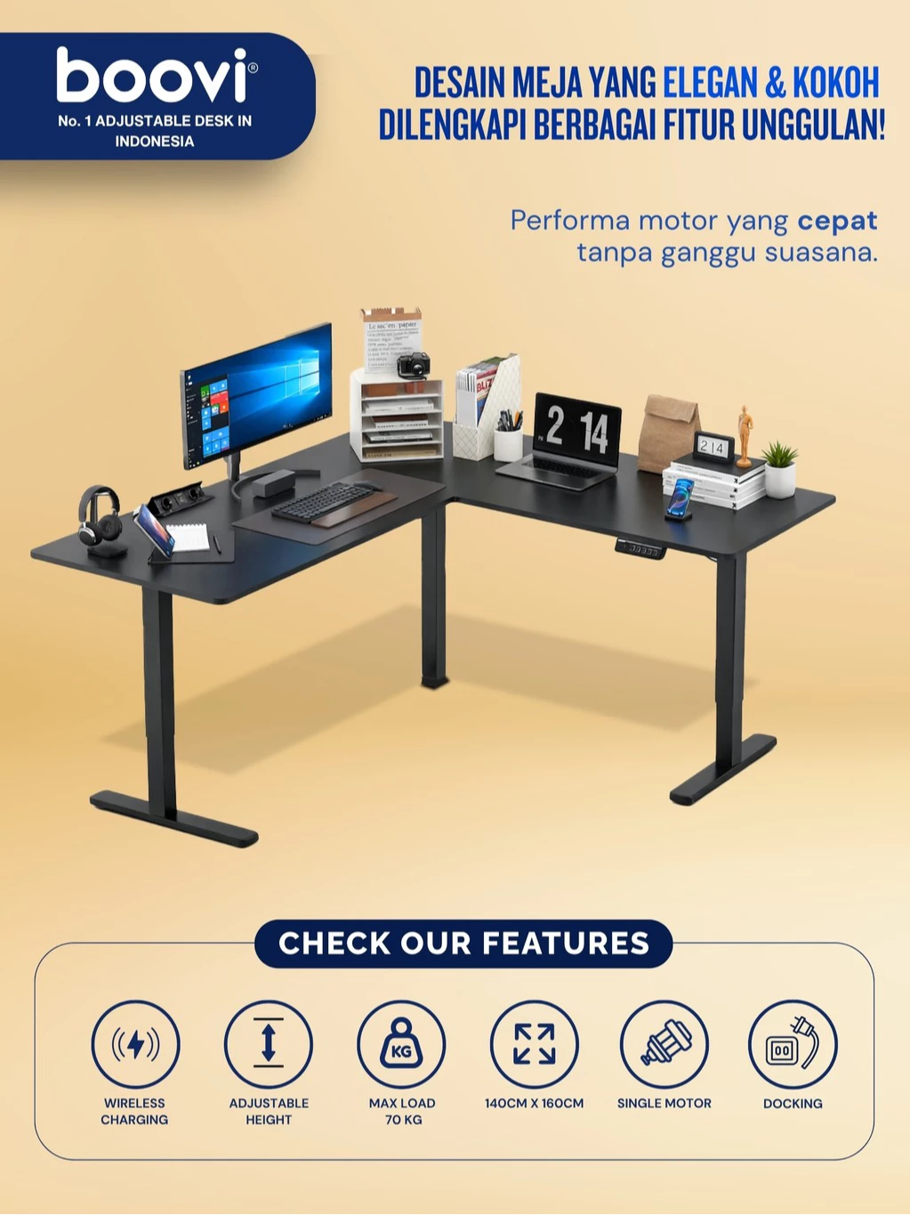 Boovi Meja Kerja Elektrik Wireless Charging Adjustable Standing Desk L-Shape Sudut Kantor Belajar - foto 1