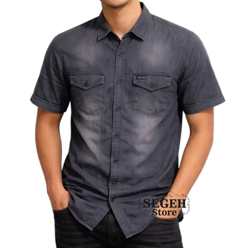 Kemeja Jeans Pria Denim Lengan Pendek Casual Nyaman