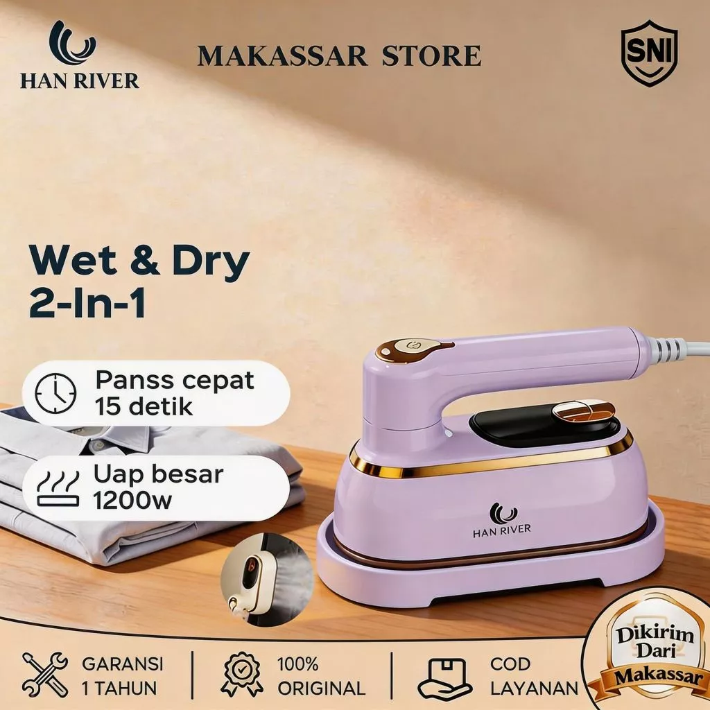[Pengiriman dari Makassar]HAN RIVER Setrika Uap Kering & Uap 2 In 1 Portabel Mini Travel Setrika