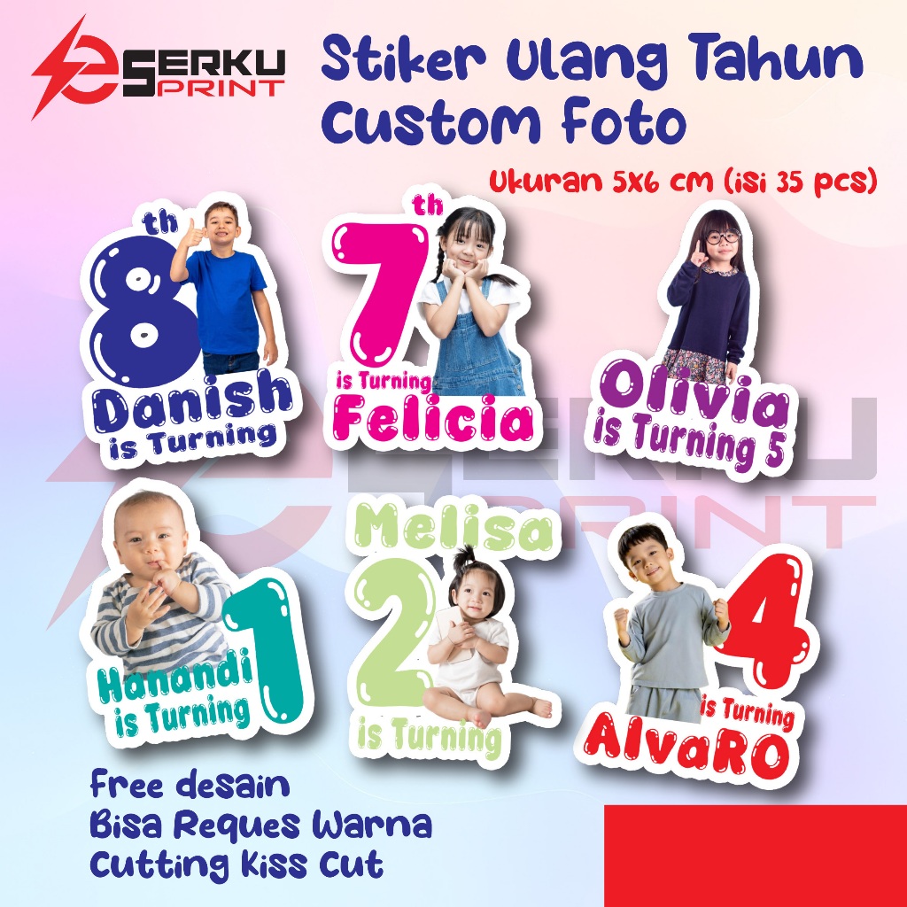 ( isi 35 PCS ) Stiker Ulang Tahun Anak TEMA FOTO CUSTOM / Stiker Ulang Tahun Kiss CUT / Stiker Ulang Tahun Custom / Stiker Ultah