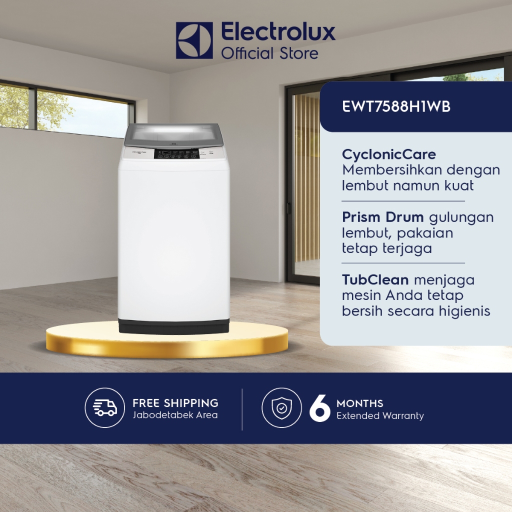 JABODETABEK - Electrolux Mesin Cuci Top Loading  7.5kg - Bedcover - Low Watt - Tub Clean - Garansi  10 Tahun Motor - EWT7588H1WB