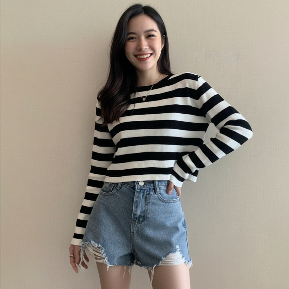 Jual AJW Atasan Crop Rajut Lengan Panjang Import Premium Salur Garis ...
