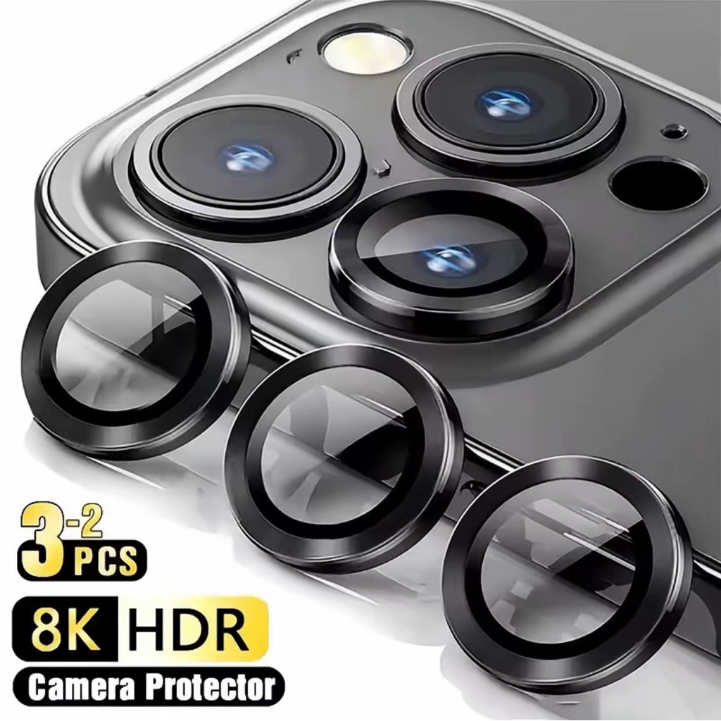 GROSIR [ SUDAH 1 SET SESUAI TYPE ] TITANIUM !! 11-16 PRO MAX Metal Ring Camera Lens Protector IPHONE 11 12 13 14 15 16 PRO MAX PLUS MINI Tempered Glass Pelindung Lensa Kamera Titanium Gray