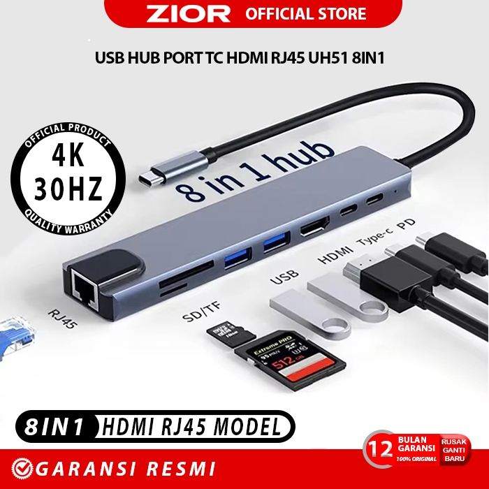 Jual ZIOR UH51 RJ45 Type C hub 8in1 DP HDTV RJ45 100mbps PD type C card ...