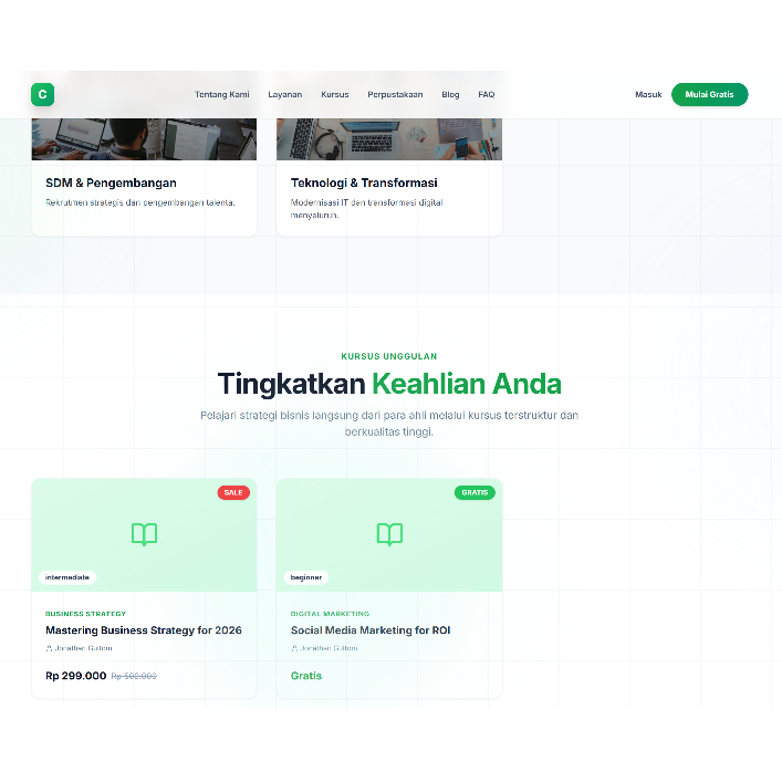 Website Bisnis Profesional - Company Profile Konsultan Kursus Blog Perpustakaan Login Register