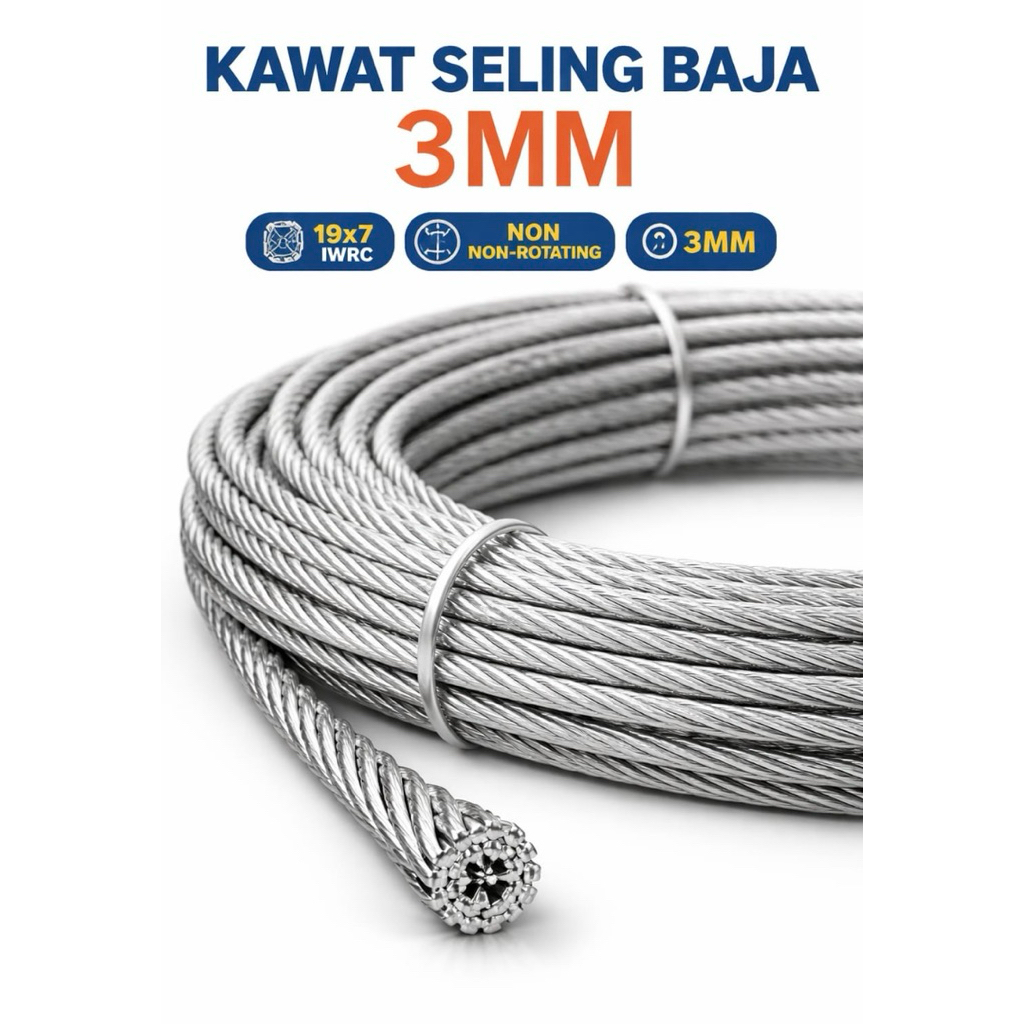 Jual (PAKET 100m) Kawat Seling Baja 3mm Wire Rope 19x7 IWRC Non ...