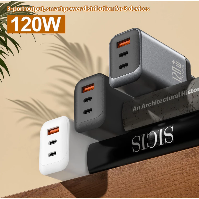RUMACARE Charger 120W fast charging dengan 2 port USB Type-C dan 1 port USB-A