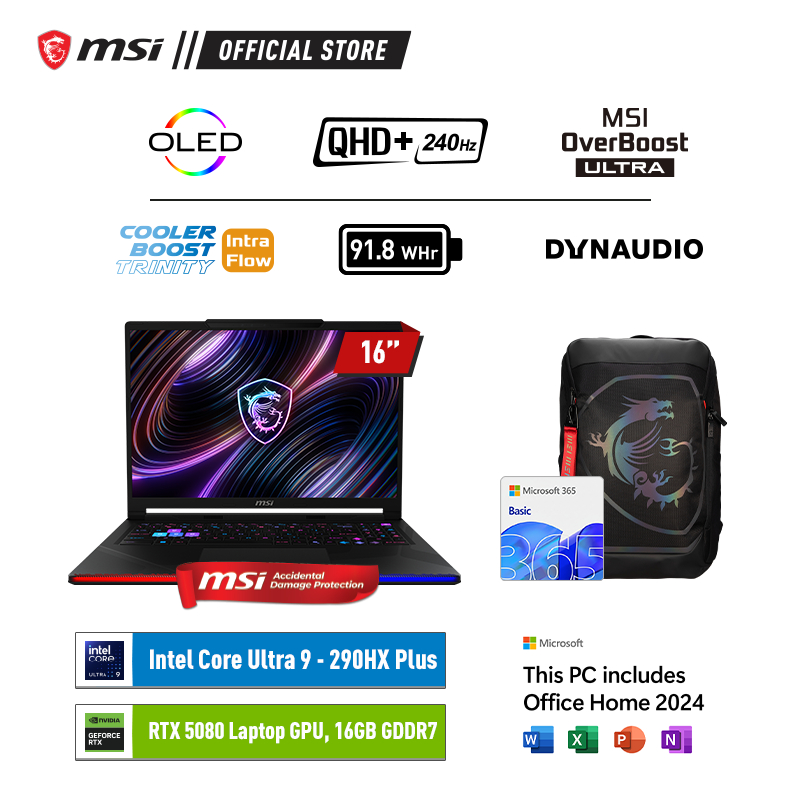 MSI Raider 16 Max HX B2WI Core Ultra 9-290HX Plus RTX5080 - 32GB 2TB W11+OHS 16.0WQHD OLED 240HZ