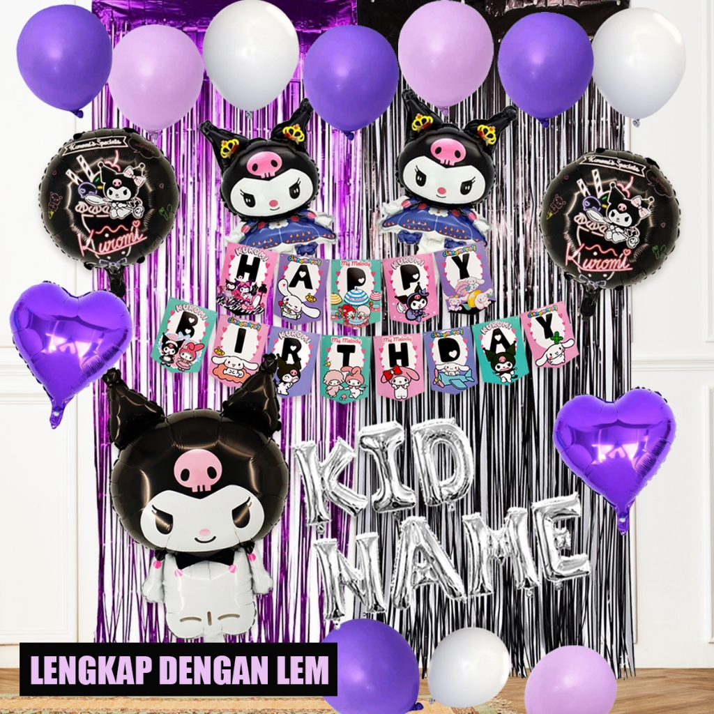 Dekorasi Ulang Tahun Kuromi Set Balon Birthday Party Lengkap Tirai Lem dan Nama Anak Balloon Garland Sanrio TRIO SANRIO variasi kuromi, melody, cinamoroll