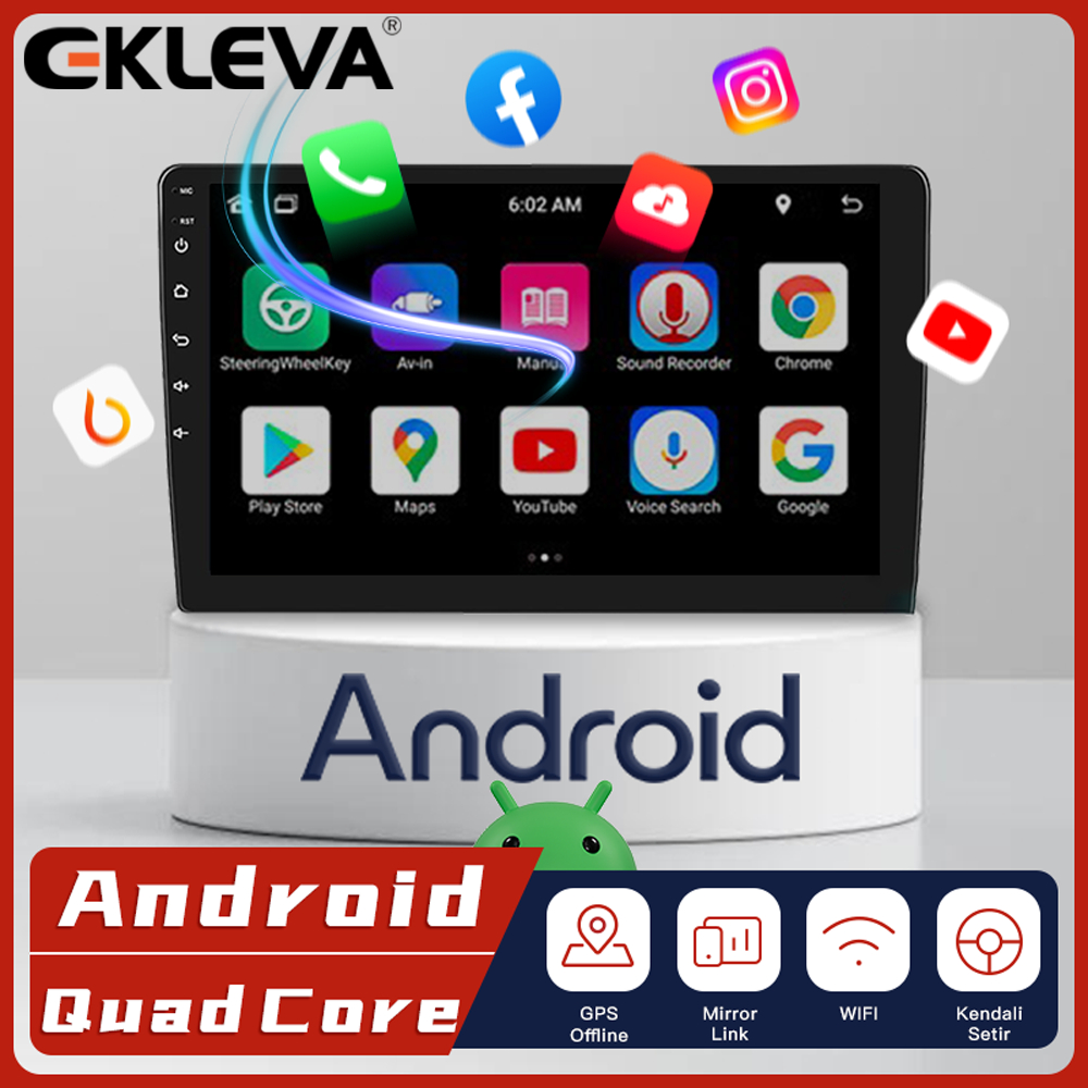 EKLEVA 9/10 Inch 2 Din Head Unit Android 12 GPS Navigasi Carplay Bluetooth Layar Sentuh Mobil