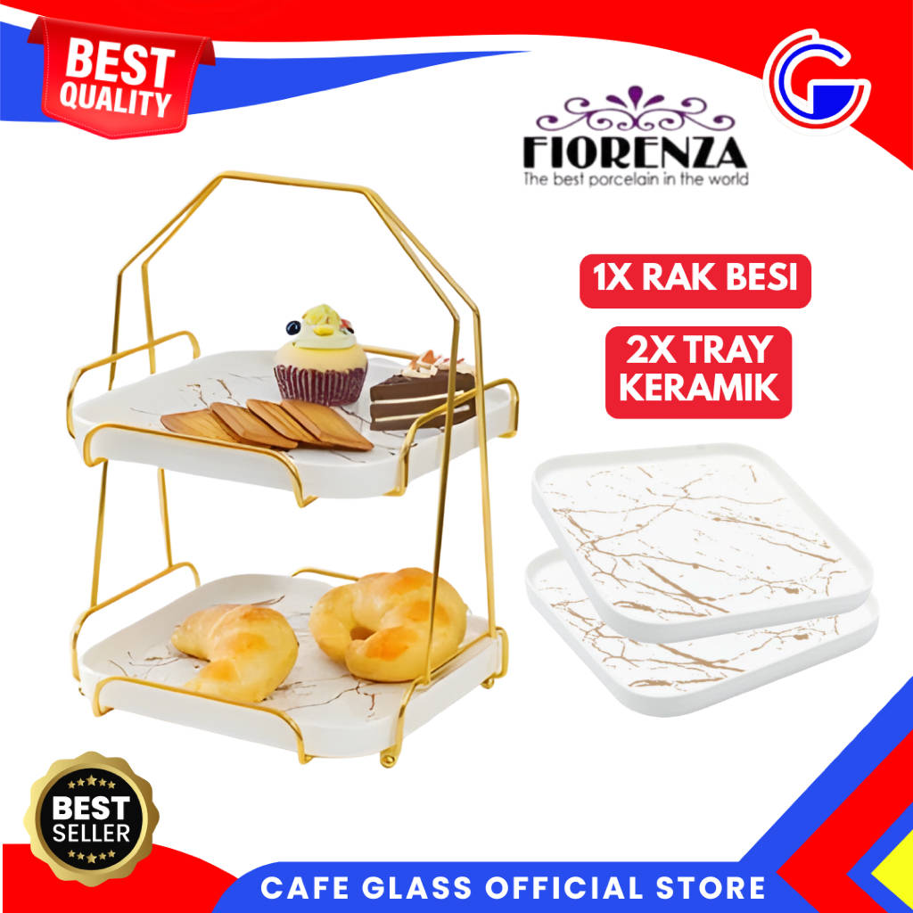 Fiorenza Prasmanan Set Keramik Marble - Rak Besi Tempat Kue Susun 2 - Piring Saji Display Hotel Cafe