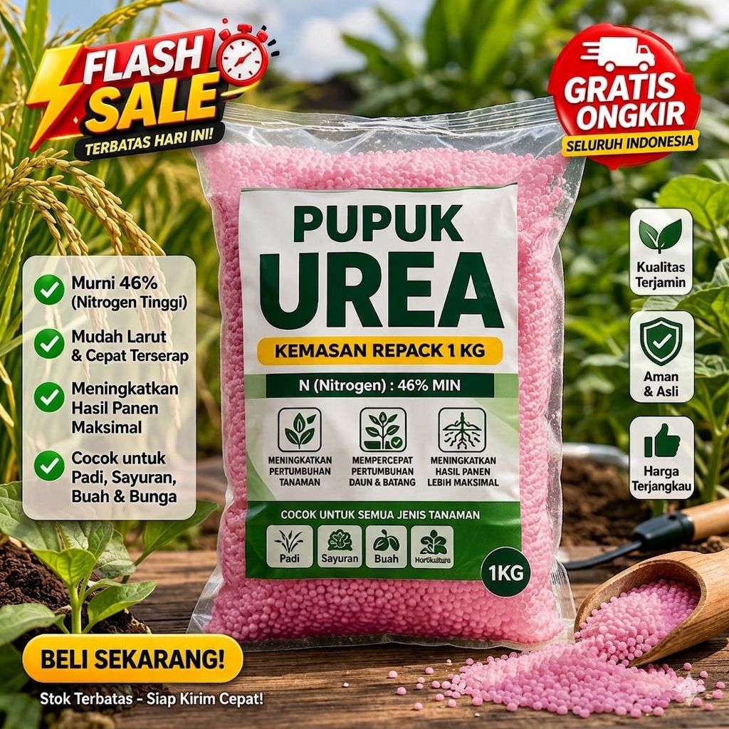 Pupuk Urea 1 Kg Asli Berkualitas Tinggi – Kaya Nitrogen, Menyuburkan Tanaman, Cocok untuk Padi, Sayur, Buah, Cepat Larut, Mudah Digunakan, Hasil Lebih Hijau, Subur dan Maksimal untuk Pertanian & Perkebunan