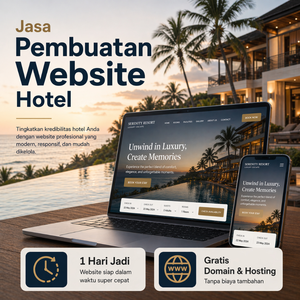 Website Hotel - Domain Hosting 1 Tahun - Optimasi Google Dasar - Web Penginapan - Web Resort - Jasa Buat Web Akomodasi - Jasa Pembuatan Website Hospitality - Website Villa