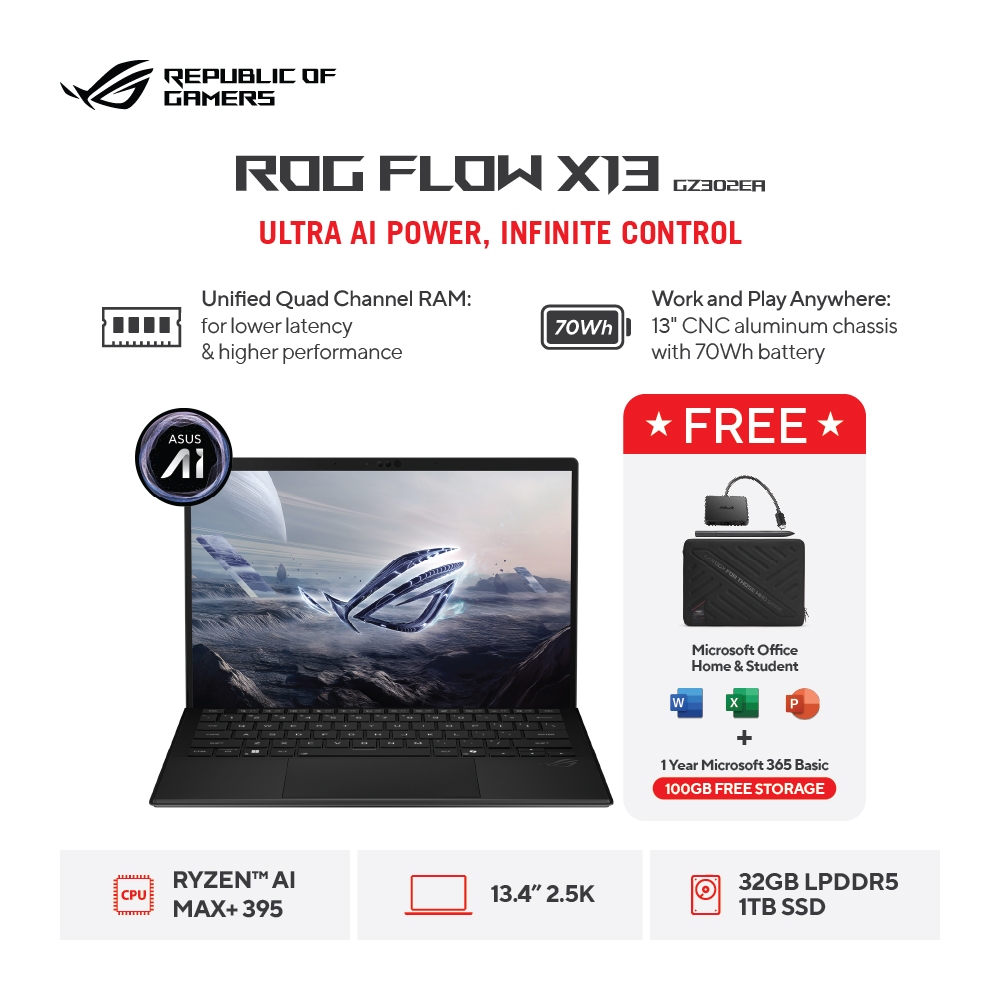 (FREE MOUSE) ASUS ROG Flow Z13 GZ302EA-RZA86N6G-HM - Off Black [AMD Ryzen AI MAX+ 395 Processor / AMD Radeon™ 8060S Graphics / 32GB / 1TB / 13.4Inch / WIN11 / OHS / M365]