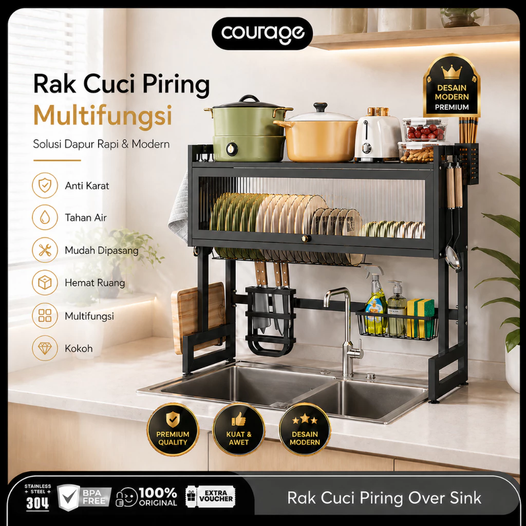 Courage Set Rak Penyimpanan Piring Atas Wastafel 1/2 Susun Baja Stainless Dengan Peniris