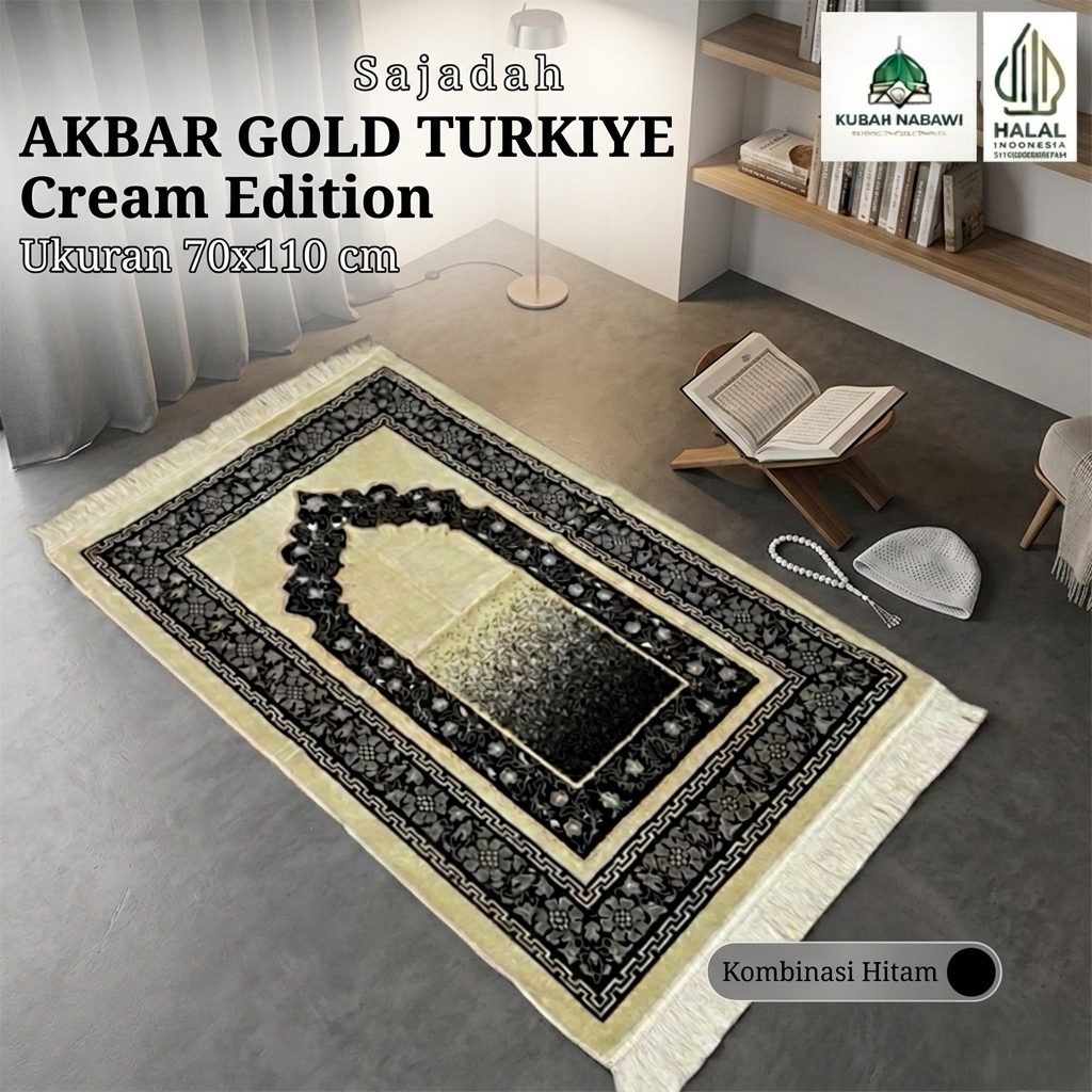 AKBAR GOLD TURKIYE CREAM EDITION 70x110cm| Sajadah Turkiye Beludru Halus Jumbo Tebal Empuk Premium