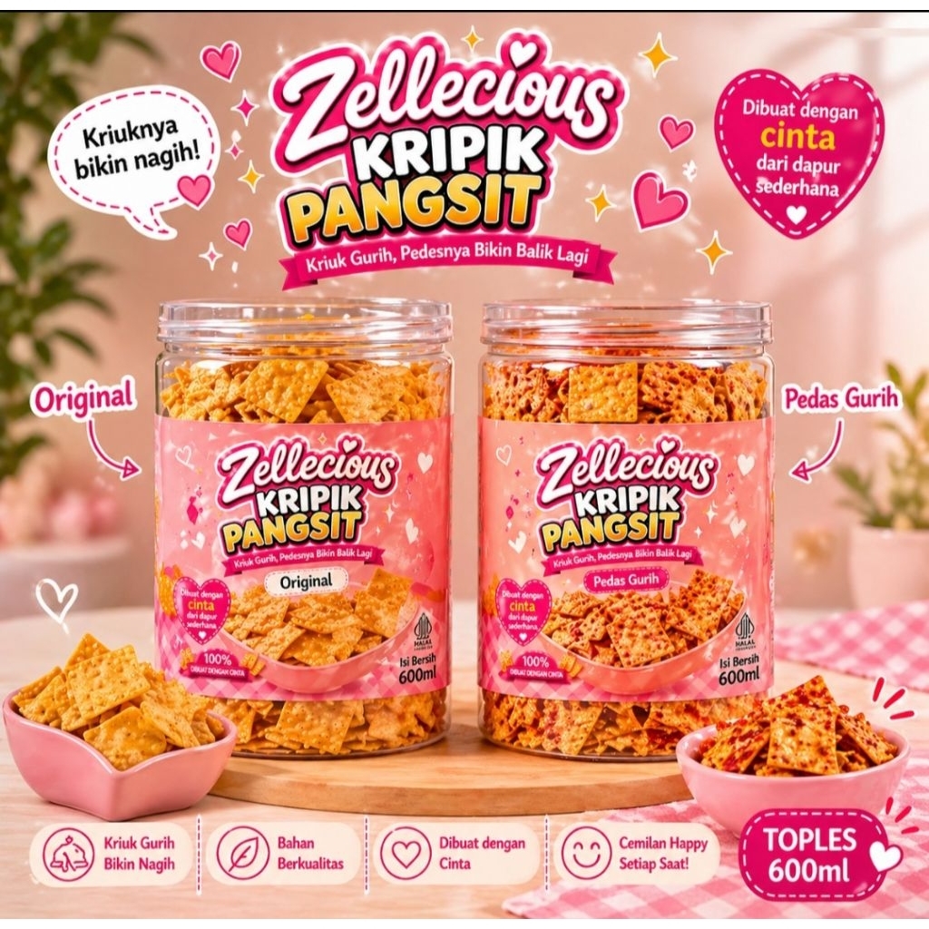 Jual Zellecious kripik pangsit 600ml snack renyah gurih pedas cemilan ...