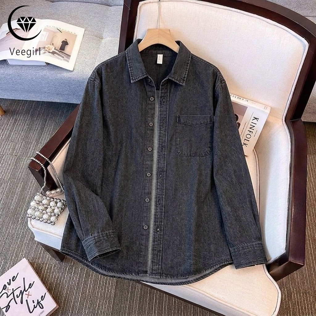 Veegirl  Kemeja Denim Unisex Oversize Vintage Washed Jaket Jeans Lengan Panjang Casual Korean Style Loose Fit Kekinian Serbaguna Daily Outfit Stylish Tops