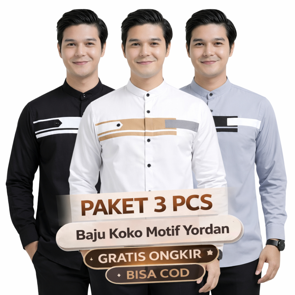 Paket 3 Pcs Baju Koko Pria Dewasa Lengan Panjang Motif Yordan Series Muslim Hadroh Azzahir M L XL