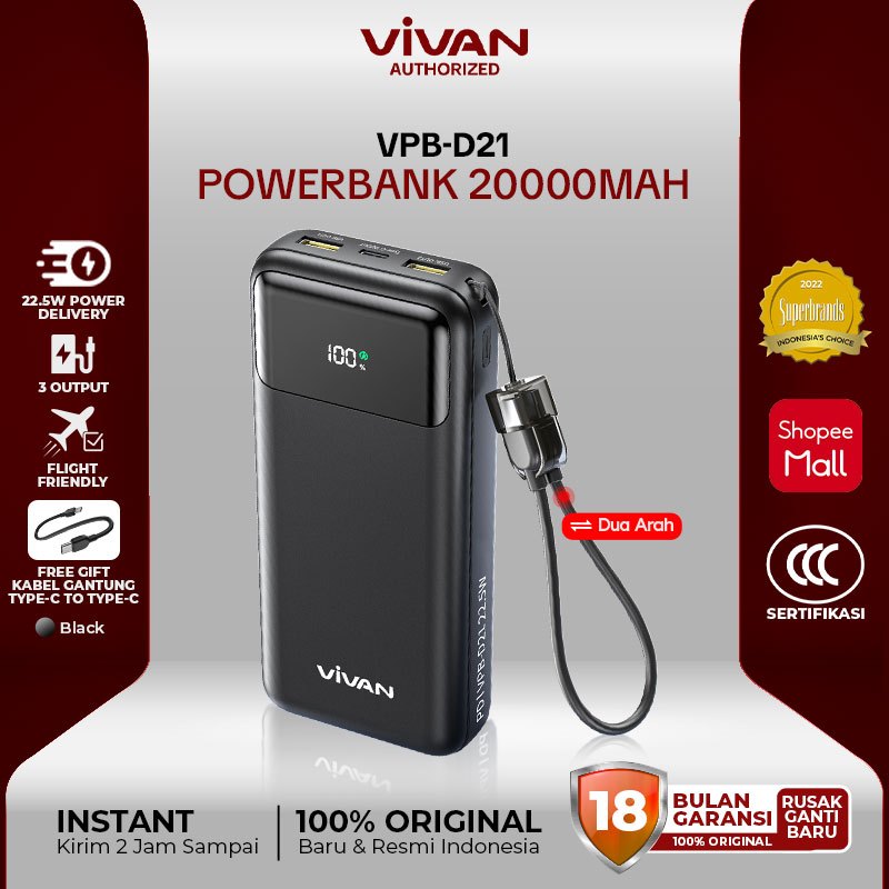 [Sertifikat CCC] VIVAN Powerbank 20000mAh Fast Charging 22.5W LED Display 3 Output Pengisian Dua Arah untuk Android/iPhone VPB-D21 Garansi 18 Bulan