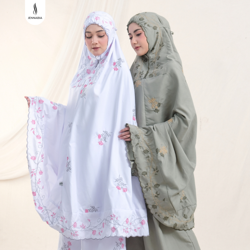 JENNABIA - Mukena Dewasa Jumbo Katun Premium Bordir Renda Mewah Bunga Tulipa Humaira