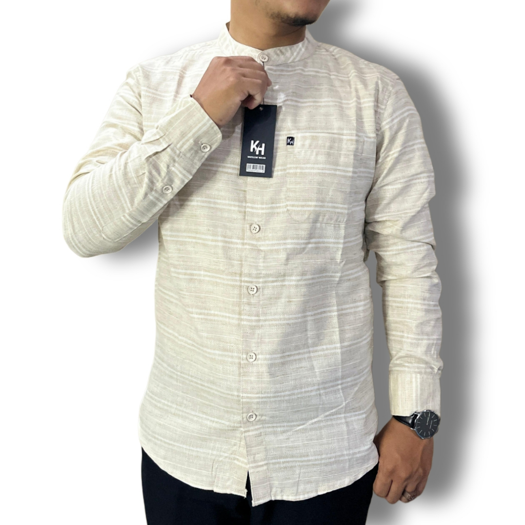 Kemeja Koko KH Dewasa Lengan Panjang Motif Regal Stripe Slimfit Premium - Baju Koko Pria Modern Sage Cream Green Grey Blue