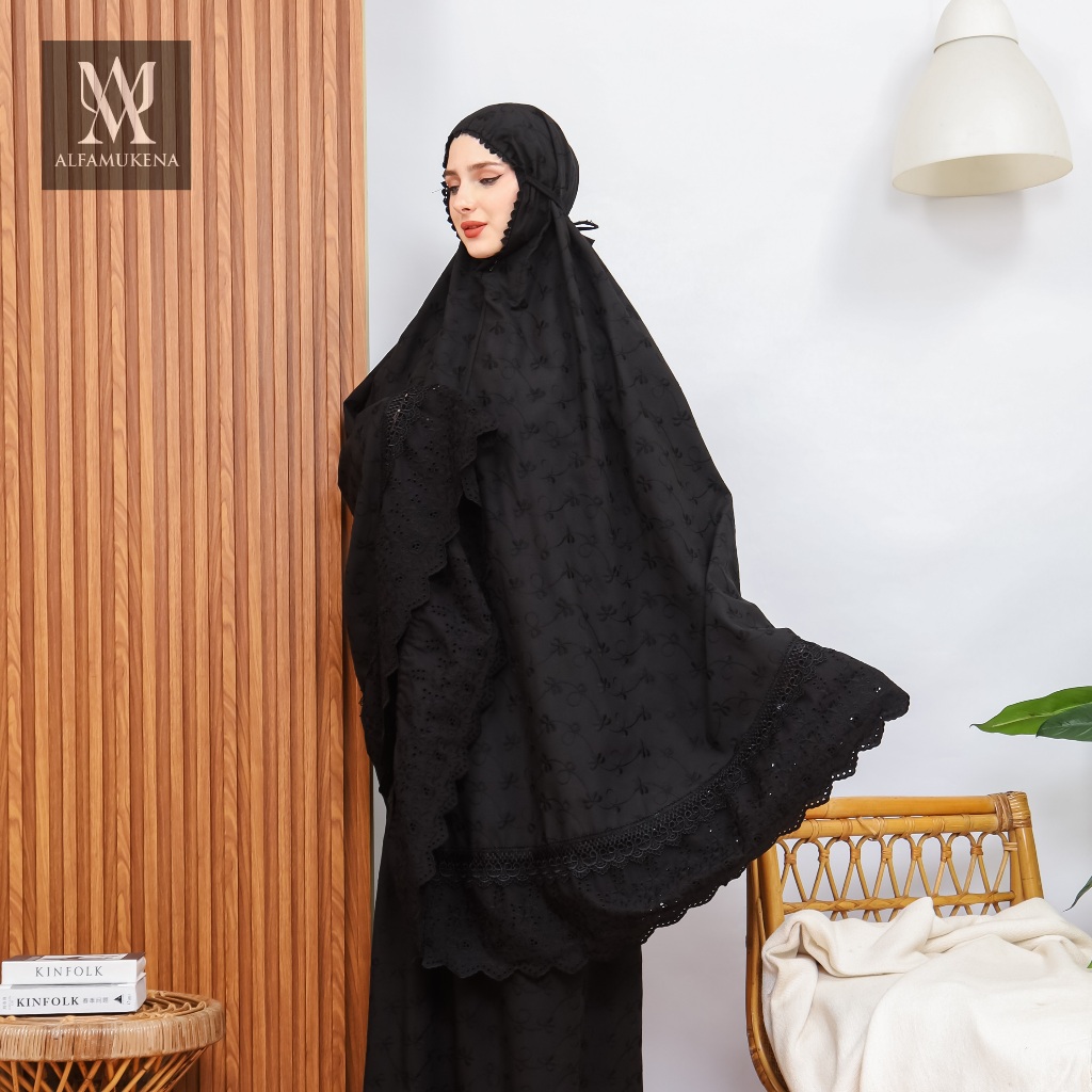 Alfamukena Paris Exclusive Renda Katun Premium Bordir mukena hitam jumbo