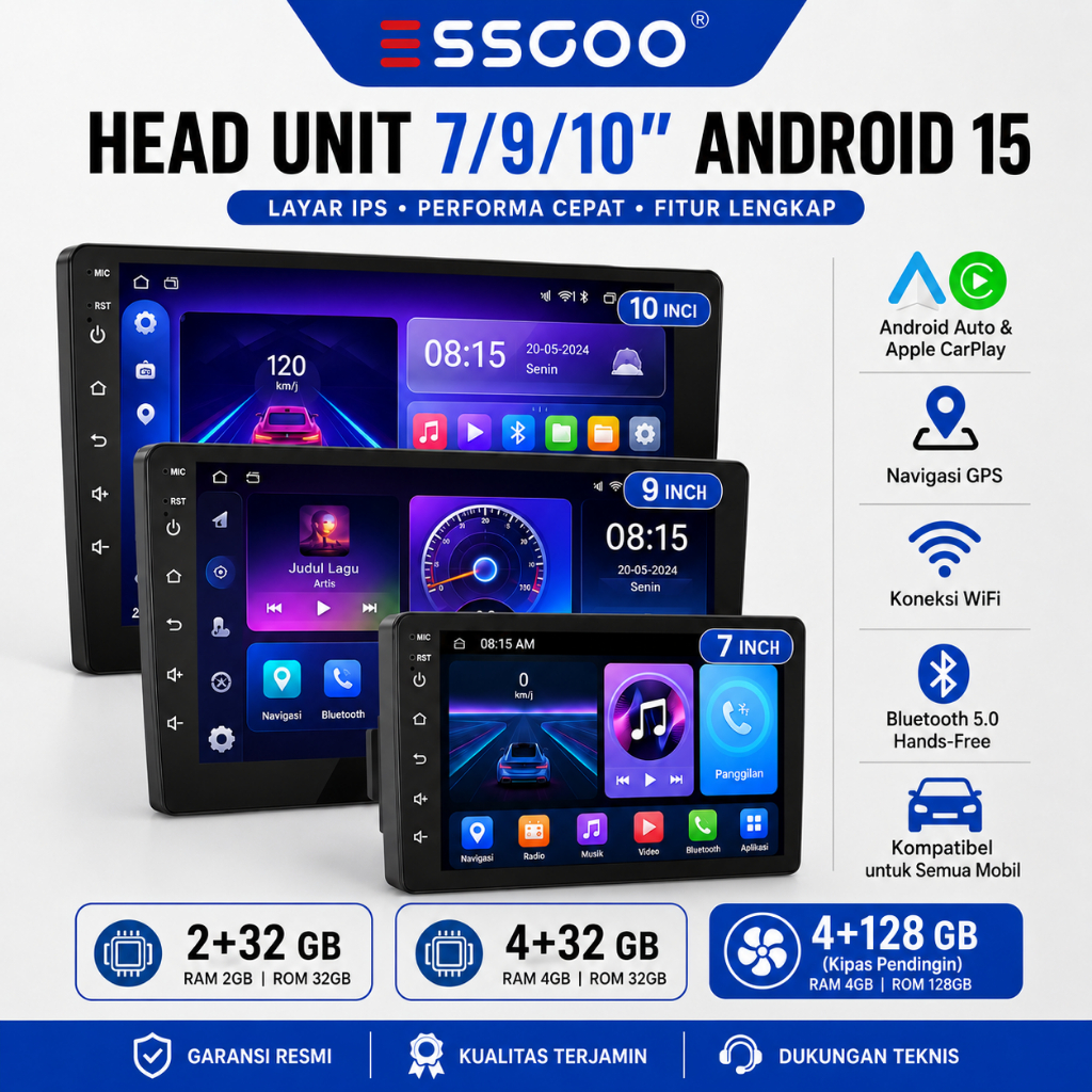 ESSGOO Head Unit Android 15 4GB+64GB  7/9/10 Inch 2Din Wifi GPS Wireless Carplay Bluetooth Universal