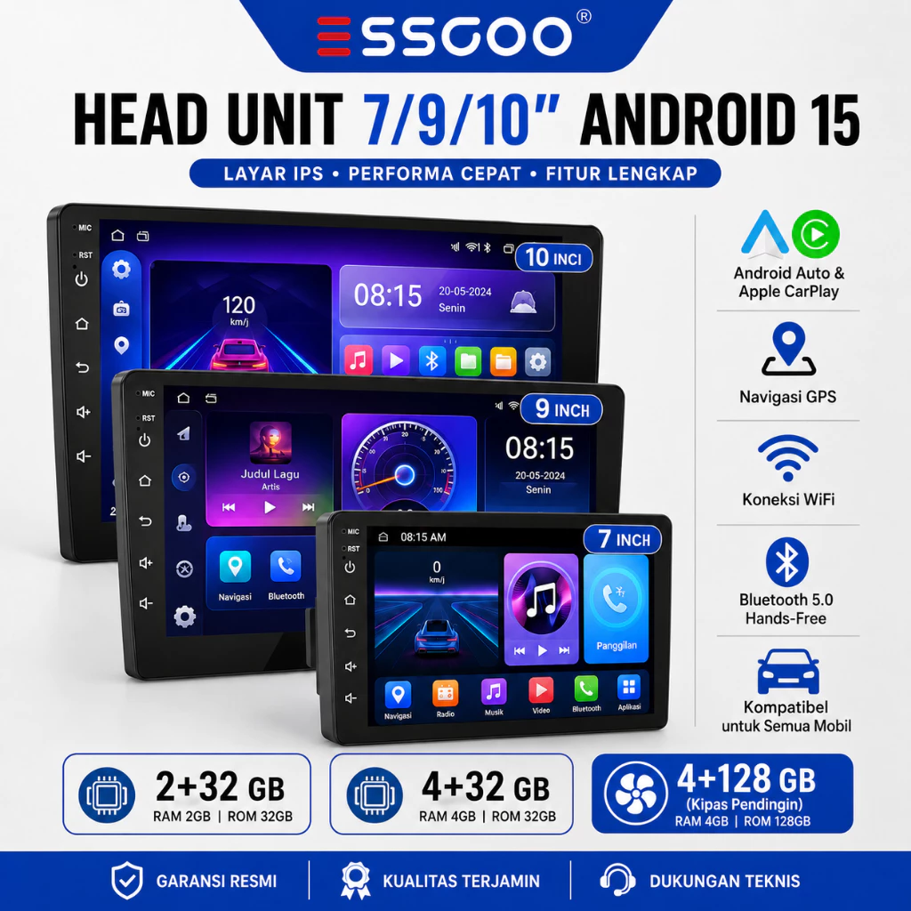 ESSGOO Head Unit Android 15 ukuran 9 inch dengan layar IPS HD