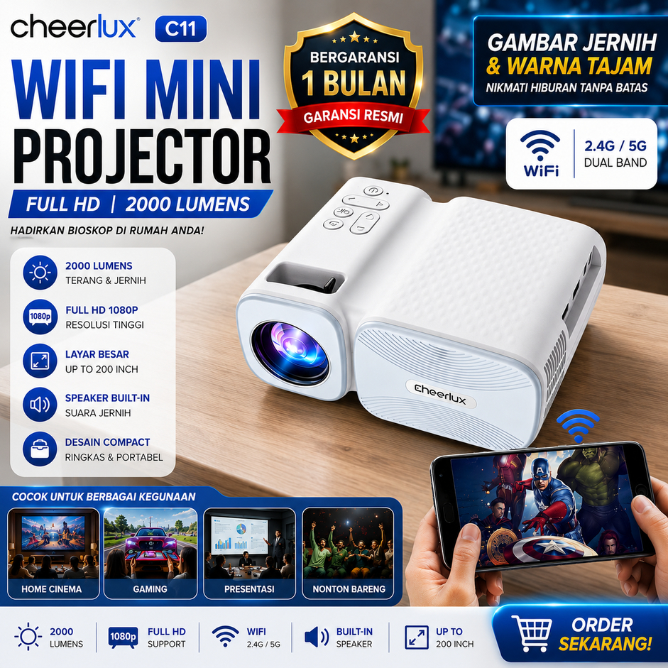 Jual Cheerlux C11 Wifi Mini Projector Full HD 2000 Lumens Wireless ...