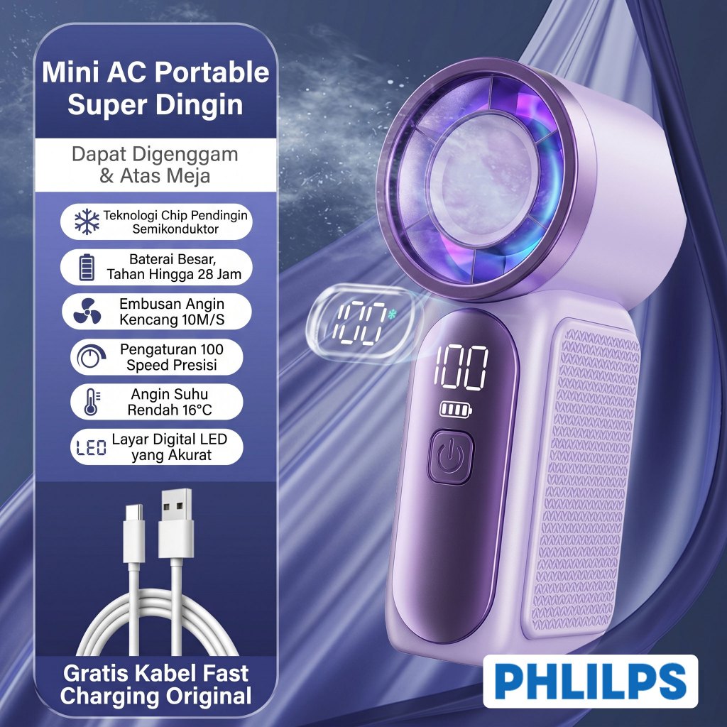 Kipas Angin Mini Genggam Kecepatan Tinggi Terbaru 2026, Layar Digital Indikator Baterai, 6 Tingkat Kecepatan, Senyap Tanpa Bising, Daya Tahan Super Lama, Isi Ulang USB, Anti Selip, Cocok Sekolah & Kantor