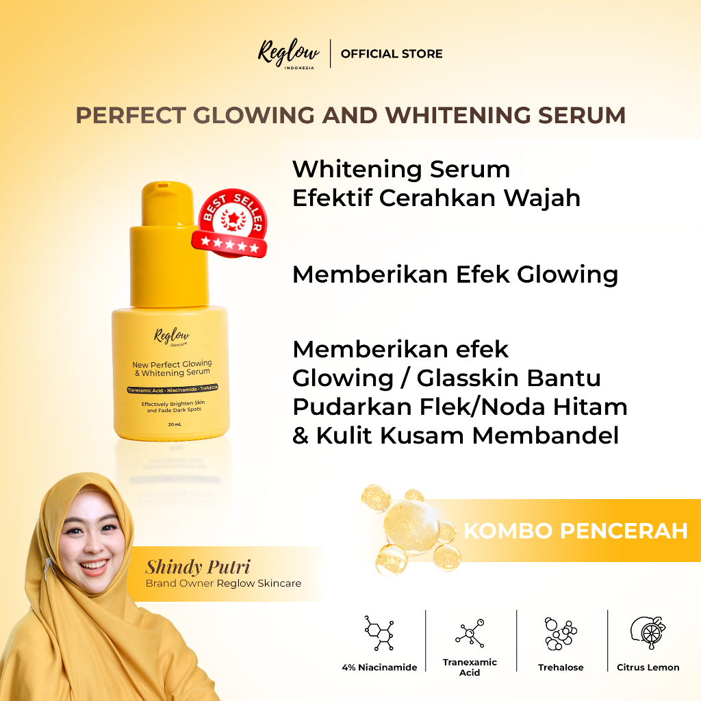 Reglow Perfect Glowing and Whitening Serum - Membantu Mencerahkan & Glowingkan Wajah serta  Menyamarkan Flek Hitam, Noda Bekas Jerawat, Kusam