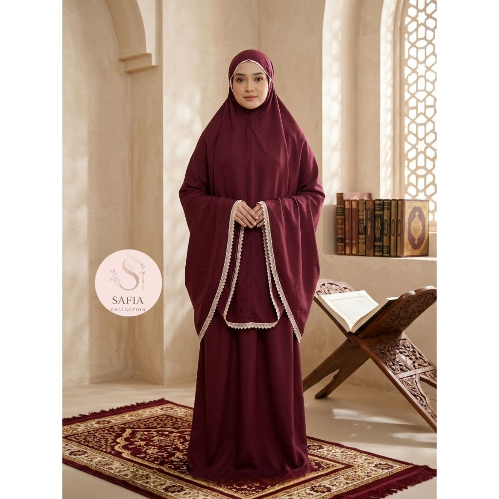Safia - Mukena Dewasa 2in1 Katun Polos Premium Renda Gyper Cantik